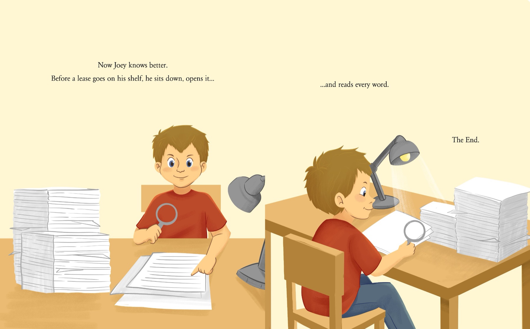 Joey at his desk, reading every word of a lease